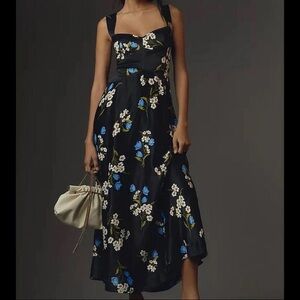 Anthropologie Maeve Jocelyn Black Midi Dress with Blue and White Floral Design